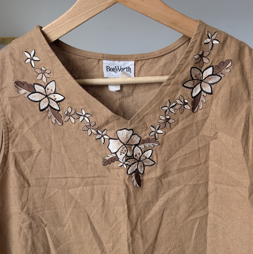 Women's Sleeveless Top Linen Blend Brown Embroidered Large Lagenlook Granola - Picture 7 of 8